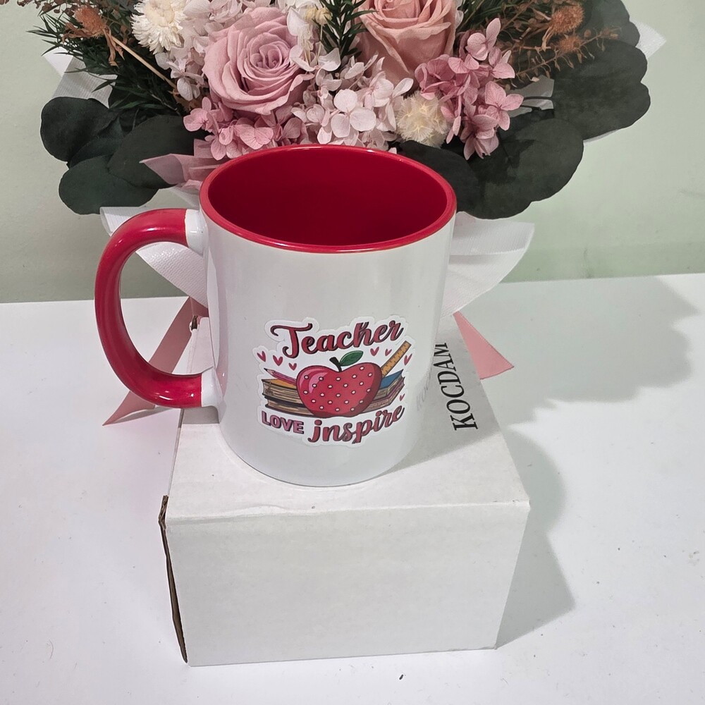NIB Two Sided Teacher Mug Ceramic Red Handle and Interior